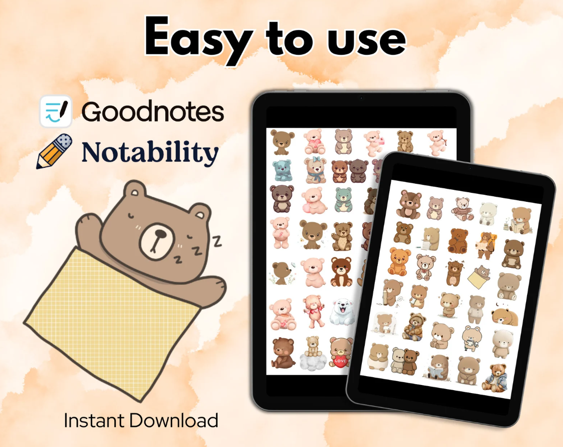 Cute Bear Sticker Pack – 150 Digital Designs for Notebooks & Journals