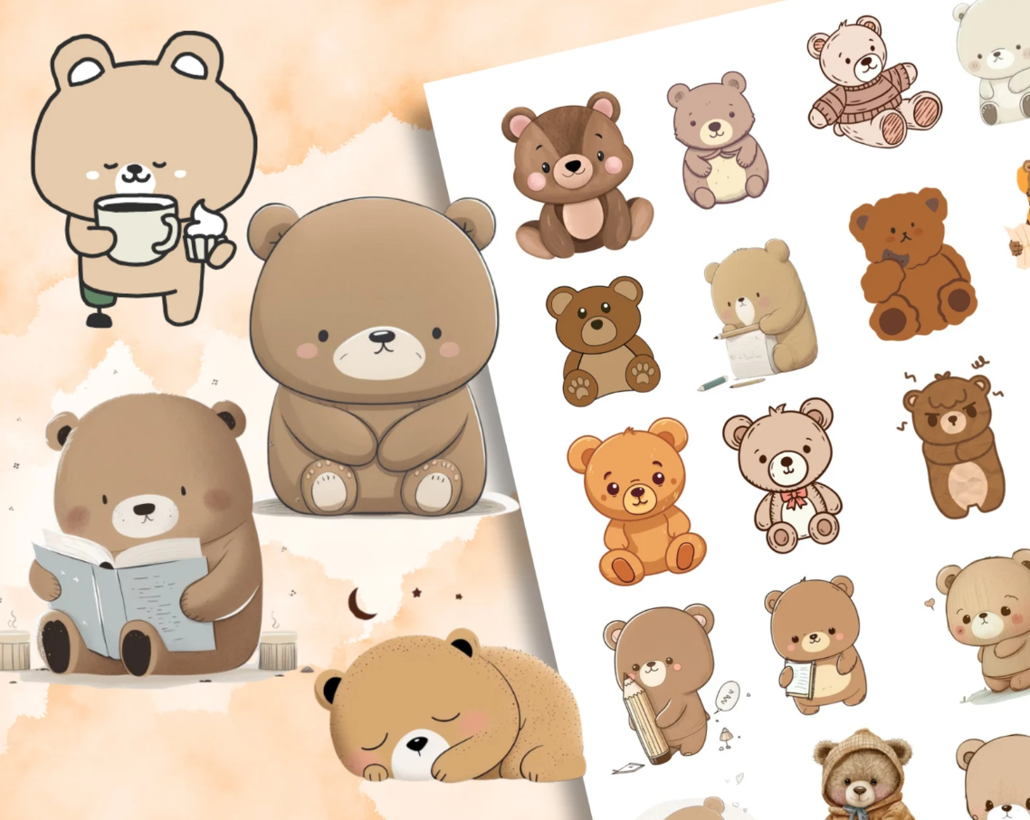 Cute Bear Sticker Pack – 150 Digital Designs for Notebooks & Journals